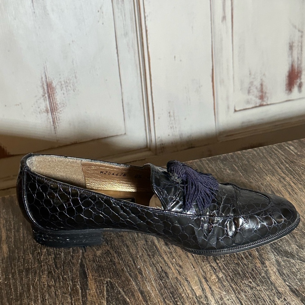 Stuart Weitzman Razmataz black Croc Leather Tassel Dress Loafers US Sz 6.5 M vtg - Picture 5 of 10